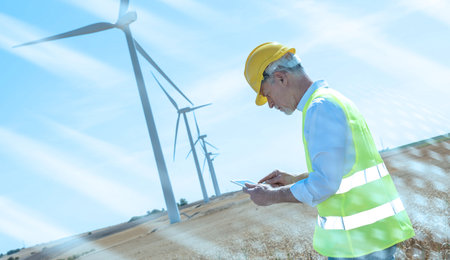 Electrical engineer using digital tablet for wind turbine inspection; light effect