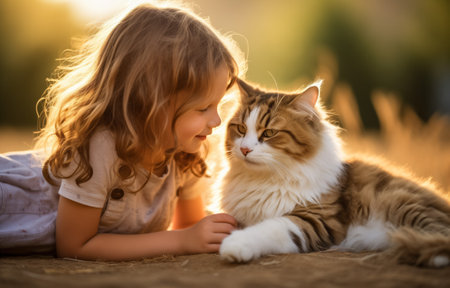 A young girl with wavy hair lies close to a majestic, fluffy cat in the warm sunset lightの素材