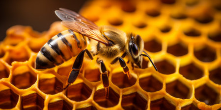 Close-up of a honeybee on a honeycomb, detailed detailed work and natural beautyの素材