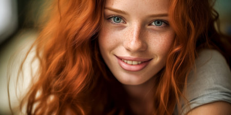 Intimate portrait of an engaging woman with red curls, freckles, and a warm smileの素材