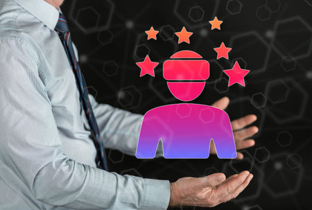 Virtual reality concept above the hands of a manの写真素材