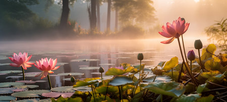 Pink lotus flowers rise gracefully above tranquil waters under a misty, golden morning lightの素材