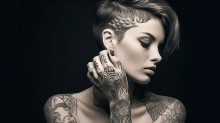 A contemplative young woman with stunning tattoos and a modern short hairstyle in black and whiteの素材