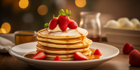 Fluffy pancakes topped with fresh strawberries, a dollop of cream, and drizzled with golden maple syrupの素材