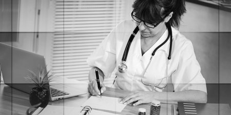 Female doctor writing prescription in medical office, geometric patternの写真素材