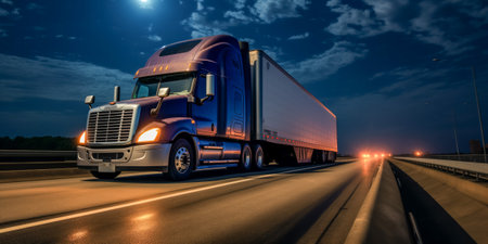 Illuminated cab of a semi truck on the road under evening skyの素材