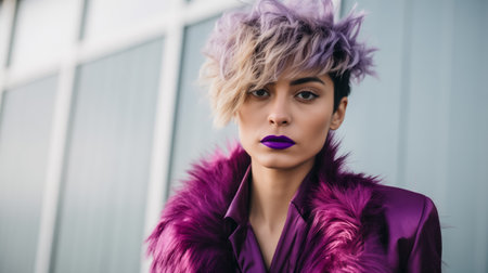 Portrait of a stylish young female model with two-tone purple hair and matching vibrant lipstick, exuding confidenceの素材