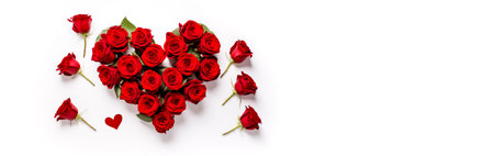 Vibrant red roses arranged in a heart shape, symbolizing love and romance, on a pure white backgroundの素材