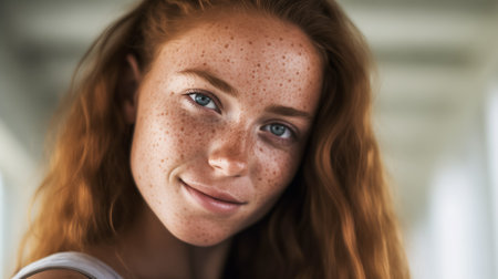 Charming young woman with auburn hair and freckles, smiling warmly in a soft, natural lightの素材