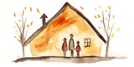 Warm autumn hues in a charming watercolor scene with a family standing by their homeの素材