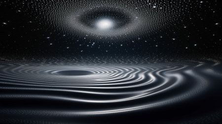 Conceptual artwork of a black hole with gravitational waves in a starry cosmosの素材