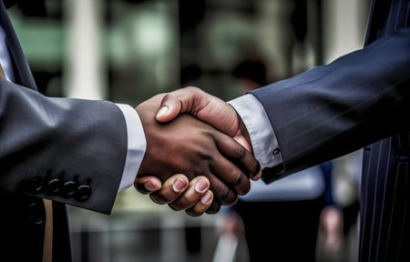 Photo for Two businesspeople in suits shaking hands, sealing a deal with a firm handshake in front of office building - Royalty Free Image