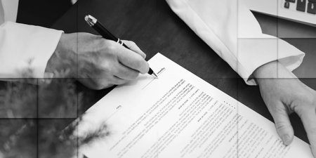 Hand of businesswoman signing a contract (lorem ipsum text used), geometric pattern