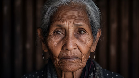 A portrait of a senior woman with a storied face, silver hair, and traditional earringsの素材