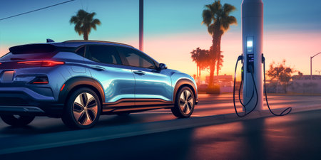 Modern electric car plugged into a charging station with a vibrant sunset backdrop, representing sustainable transportationの素材