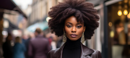 Portrait of a young African-American woman with a voluminous afro hairstyle, wearing stylish earrings and a leather jacket, on a city streetの素材