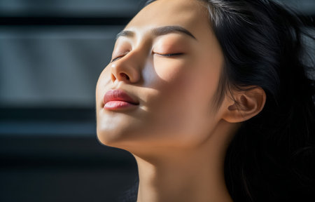 Close-up portrait of an asian woman with closed eyes basking in the sunlightの素材
