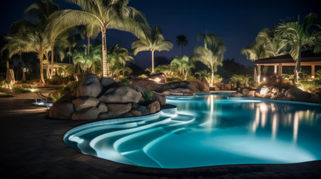 Serene night-time scene of a resort pool illuminated by lights with surrounding palm treesの素材