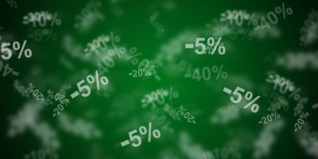 Flying -5% until -50% discount symbols over green background