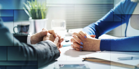 Situation of business negotiation between businesswoman and businessman, light effect, geometric...