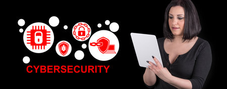 Woman using digital tablet with cybersecurity concept on background