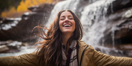 Ecstatic young woman with arms wide open, enjoying life in front of a waterfall, pure joyの素材