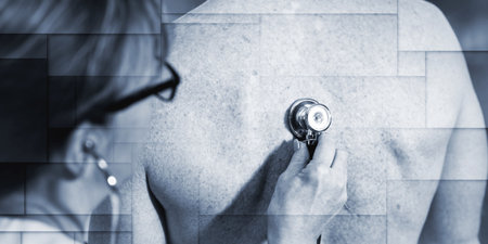Female doctor using stethoscope to examine patient, geometric patternの写真素材