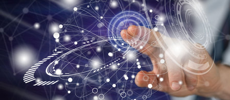 Man touching a virtual technology concept on a touch screen with his finger