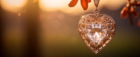 Close-up of an ornate golden heart pendant with a central diamond, highlighted by the warm glow of the setting sunの素材