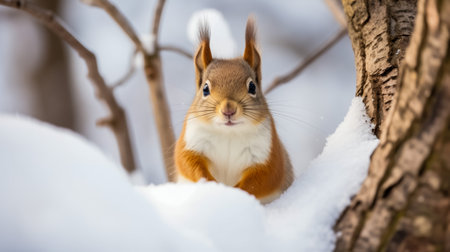 Engaging red squirrel perched in snow, with a backdrop of winter branchesの素材