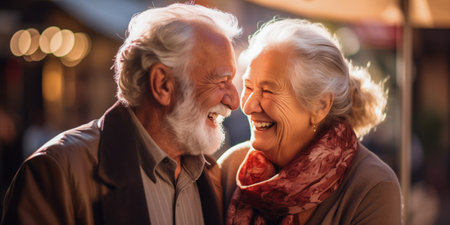 Elderly man and woman enjoying a moment of happiness and closeness in a warm settingの素材