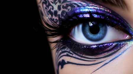 A detailed macro shot of a blue eye adorned with glittering purple eyeshadow and dramatic eyelashesの素材