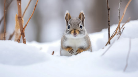 Frontal view of a cute gray squirrel on a snowy day, with attentive eyes and perked earsの素材