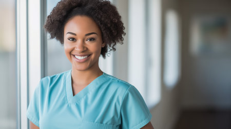 Confident and cheerful African-American female nurse with a bright smile in hospital settingの素材