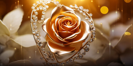 Luxurious golden rose surrounded by sparkling diamonds against a soft bokeh backdropの素材