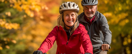 Active mature couple with helmets cycling together, autumn leaves in backgroundの素材