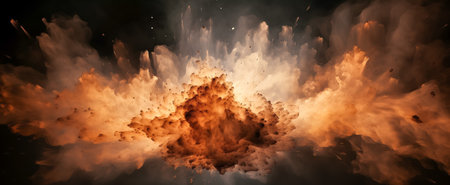 Intense orange explosion resembling a volcanic eruption against a dark backdropの素材