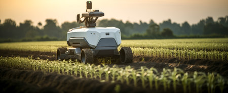 Advanced agricultural robot navigating through a field of young crops in the early morning lightの素材