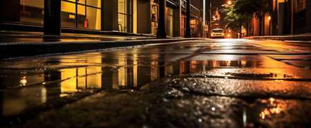 A wet urban road reflecting city lights at night after rainfallの素材