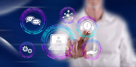 Man touching an online support concept on a touch screen with his finger