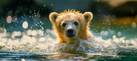 Close-up of a golden bear swimming, with water droplets glistening in sunlightの素材