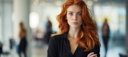 Portrait of a young woman with vibrant red hair and a black shirt, professional and focusedの素材