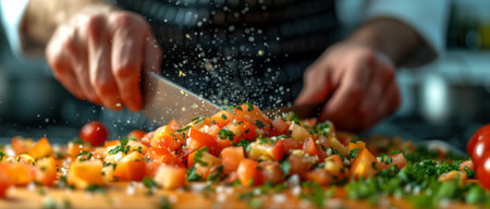 Close-up of hands finely chopping colorful tomatoes and herbs on wooden boardの素材
