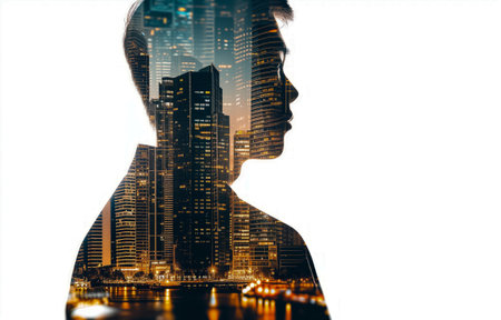 Double exposure of a young man and urban skyline during evening timeの素材