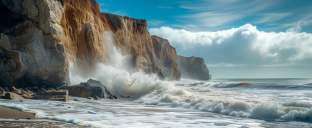 Waves hitting a rocky cliff on a sunny day with dynamic clouds in the sky and sea foam on the sandの素材