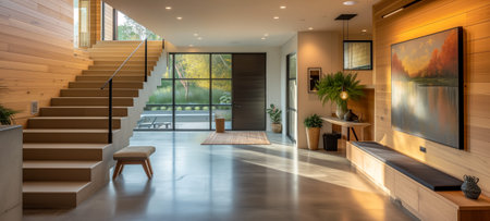 Welcoming foyer featuring warm wood tones, modern staircase, and artwork with a serene outdoor viewの素材