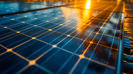 An up-close view of blue solar panels with the golden hues of the setting sun reflecting off their surfaceの素材