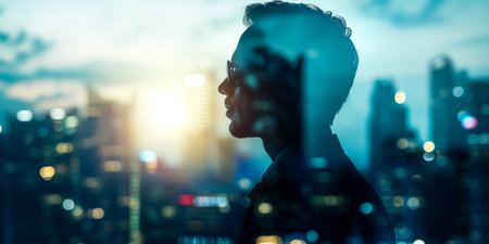 Male profile as a silhouette with sparkling city lights and a dusk sky in the backgroundの素材