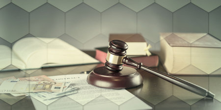 Judge gavel with contract and cash money (random english dummy text used), geometric pattern