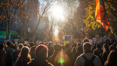 Citizens march for social issues on a sunny autumn day amid fallen leavesの素材